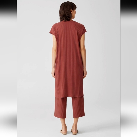 EILEEN FISHER Textured Stretch Rib Crew Neck Dress Boxy Knee Length Rust Medium - Picture 9 of 10